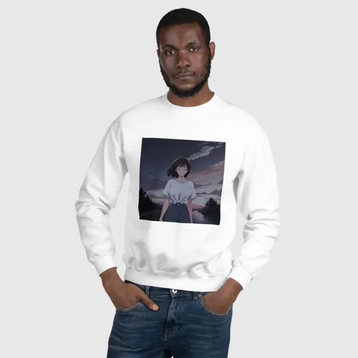 A man with his hands in his pockets wearing a white sweatshirt with a design of a 90s anime girl in the middle of the road in a retro vintage style