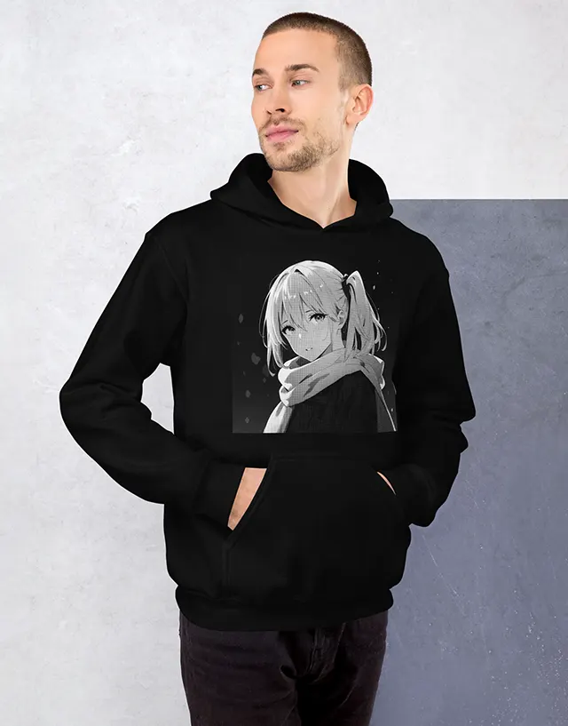 A man with his hands in his pockets wearing a black hoodie with a design of an anime girl in winter