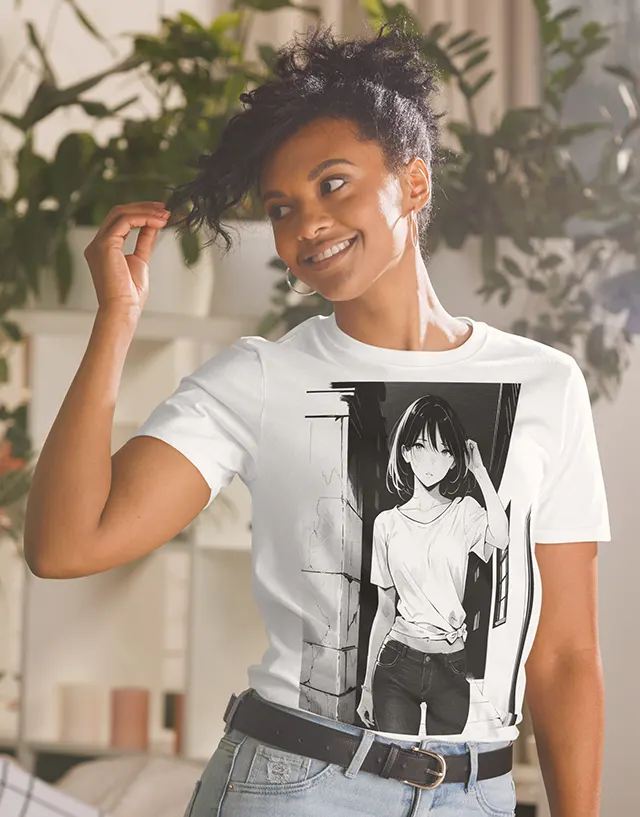 A woman with plants in the background wearing a white shirt with a manga design of an anime girl in the neighborhood