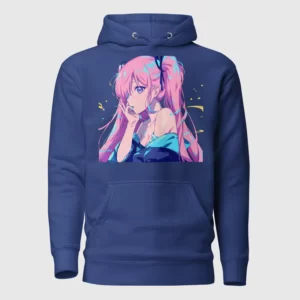 A color hoodie with a design of a pink hair anime girl