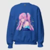 A color sweatshirt with a design of a pink hair anime girl