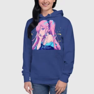 A woman wearing a blue hoodie with a design of a pink hair anime girl