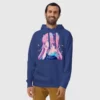 A man wearing a blue hoodie with a design of a pink hair anime girl