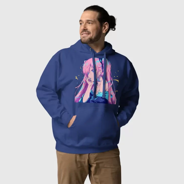 A man with his hands in his pockets wearing a blue hoodie with a design of a pink hair anime girl