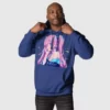 A man putting on the hood of a blue hoodie with a design of a pink hair anime girl