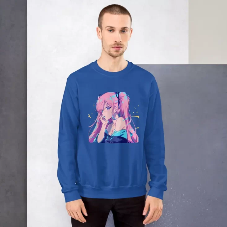 A man wearing a blue sweatshirt with a design of a pink hair anime girl