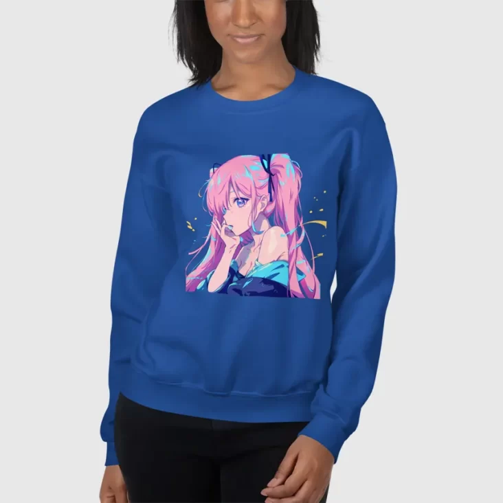 A woman wearing a blue sweatshirt with a design of a pink hair anime girl