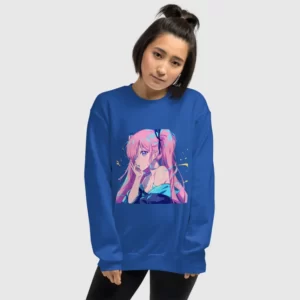 A woman wearing a blue sweatshirt with a design of a pink hair anime girl