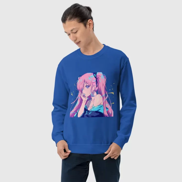 A man wearing a blue sweatshirt with a design of a pink hair anime girl