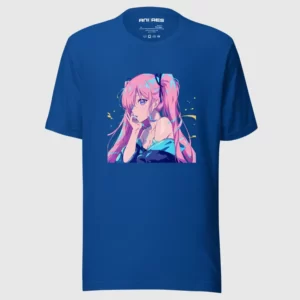 A blue shirt with a design of a pink hair anime girl